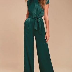 Let Me Entertain You Forest Green Satin Wide-Leg Jumpsuit
